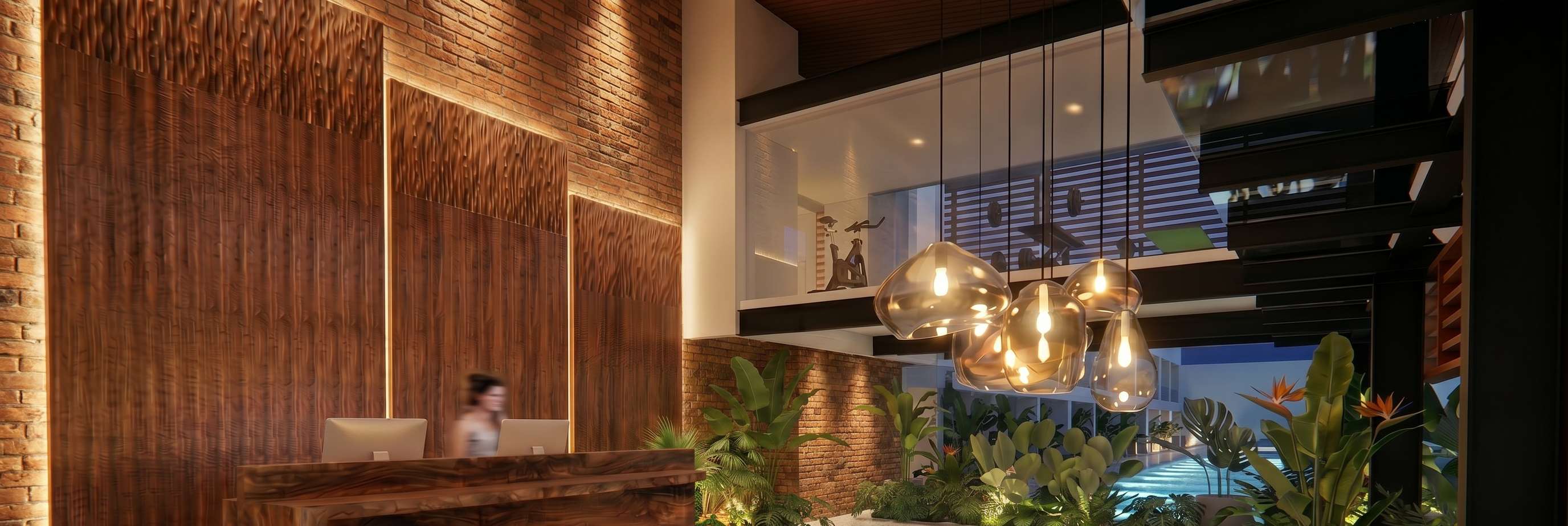 Lobby, Lounge & Gym Option 1 — warm tropical interior.