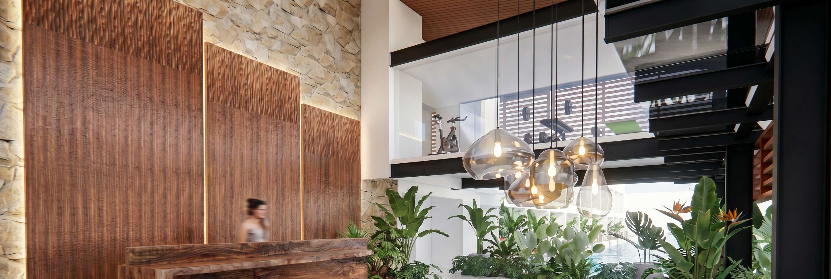 Lobby, Lounge & Gym Option 2 — contemporary eco-luxury.