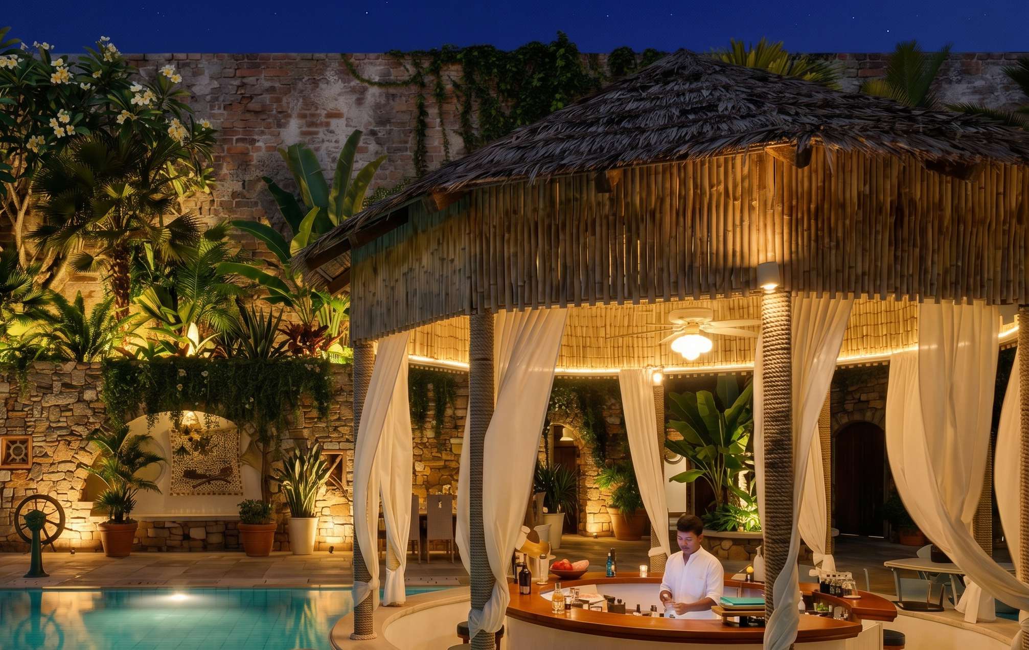 Poolside bar at night — a lush tropical oasis.