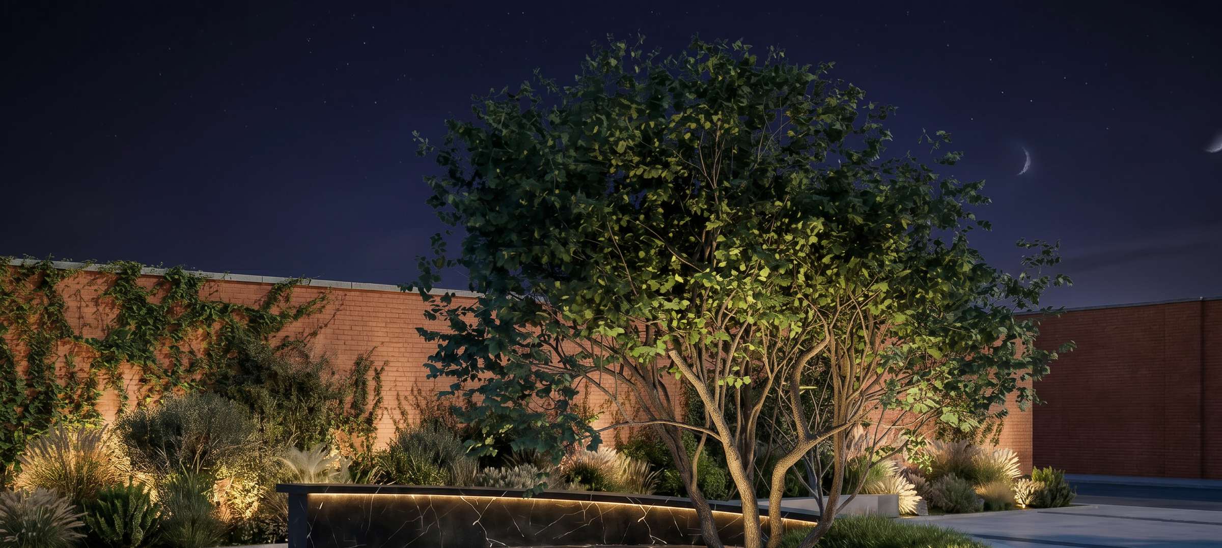 Banyan tree courtyard at night with crescent moon.