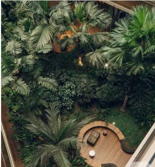 Indoor atrium courtyard viewed from above.